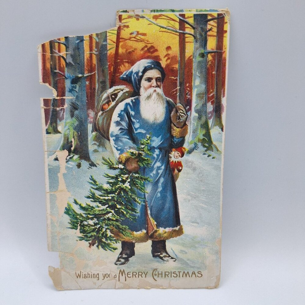Antique German Santa Claus Christmas Postcard Blue Coat Merry Early 1900 Holiday